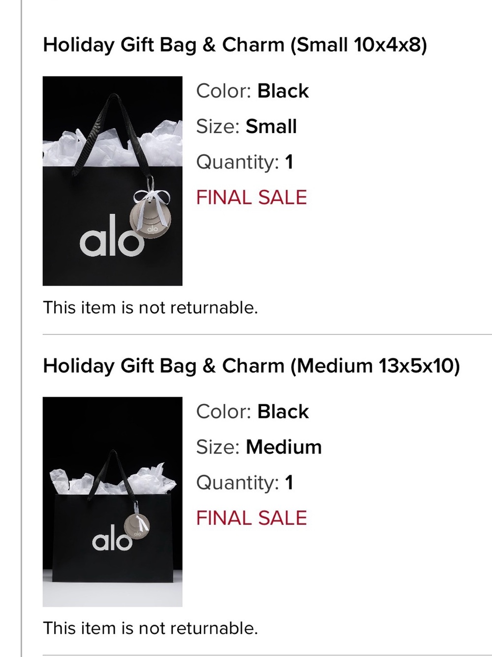 Alo Yoga Holiday Black Gift Bags & Charms